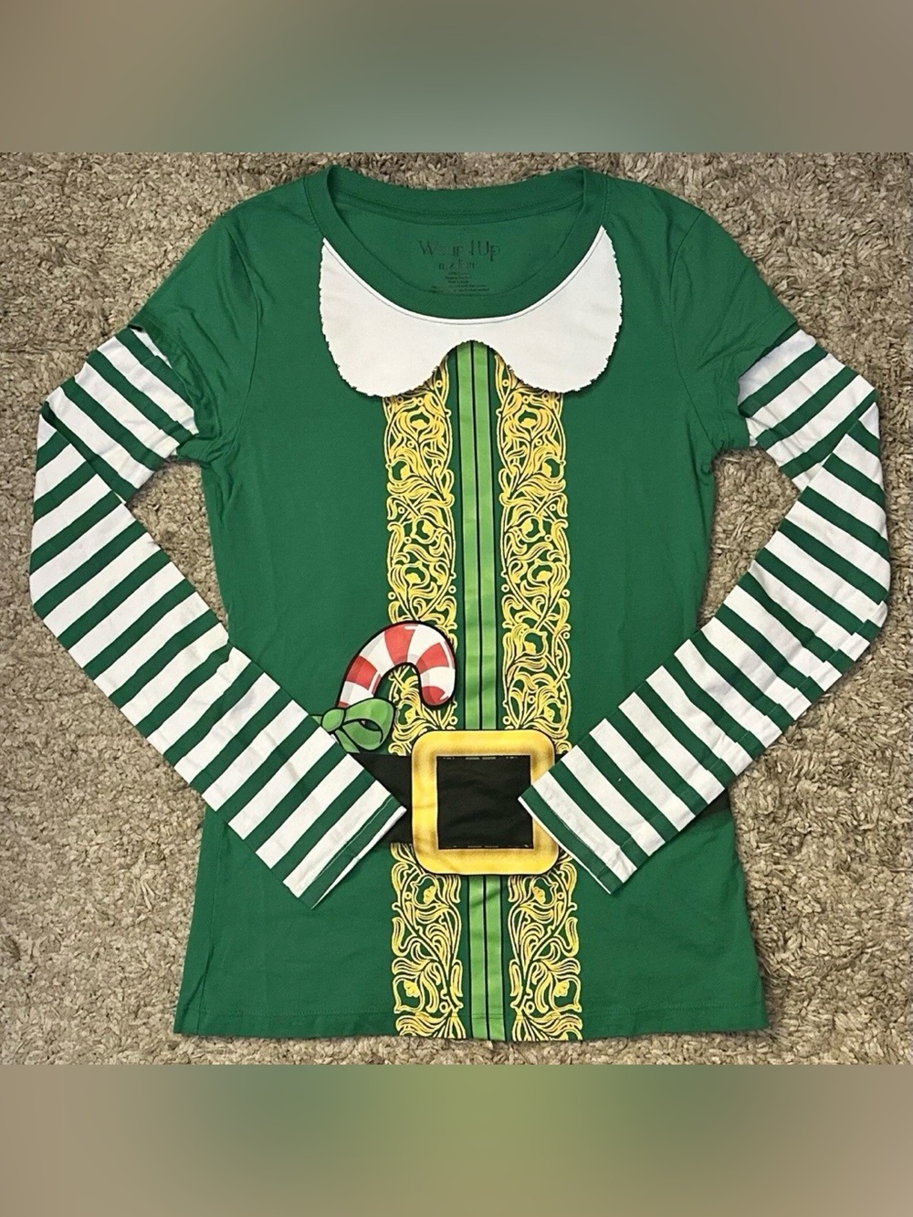Wound Up Women’s Junior Size M Green Elf Striped Long Sleeve Christmas T-Shirt